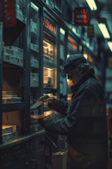 Poster - A man standing in front of a shelf filled with various food items. Suitable for grocery store or food pantry concepts