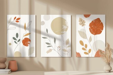 Poster - Three paintings displayed on a wall in a room. Ideal for interior design concepts