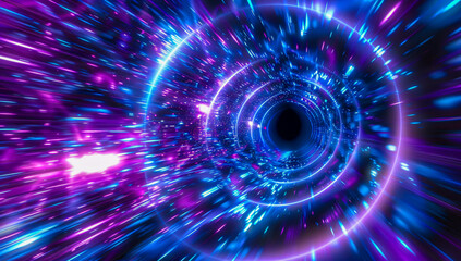 Wall Mural - Futuristic Energy Tunnel, Bright Purple and Blue Lights in Abstract Space