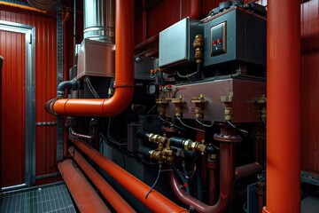 Poster - A collection of pipes and valves in a room. Suitable for industrial concepts