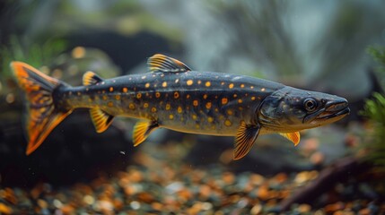  A detailed image capturing a fish swimming in a serene aquatic environment surrounded by lush greenery and jagged rocks