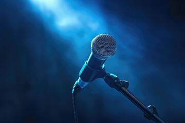 Poster - Professional microphone setup with blue lighting. Perfect for music or podcasting content