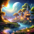 fantasy landscape with castle and moon