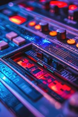 Poster - Close up of a sound board with red and blue lights. Perfect for music production or DJing events