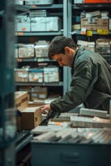 Poster - A man examining a box in a retail store. Perfect for marketing and retail concepts