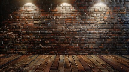 Poster - Interior with brick wall and wooden floor, suitable for home decor projects