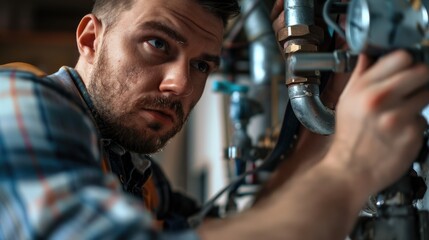 Poster - A man is seen fixing a pipe in a room. Suitable for plumbing services advertisement