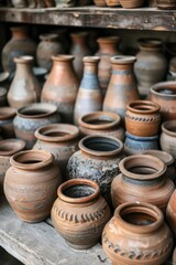 Poster - Display of various clay pots on a shelf, suitable for home decor
