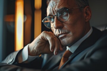 Poster - A man in a suit and tie sitting in a chair. Suitable for business concepts