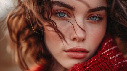 Poster - Close up of a woman wearing a red sweater, suitable for fashion or winter themes
