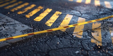 Poster - Caution tape on wet street, suitable for safety concepts