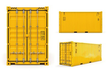 Wall Mural - Three yellow shipping containers on a white background. Perfect for logistics and transportation concepts