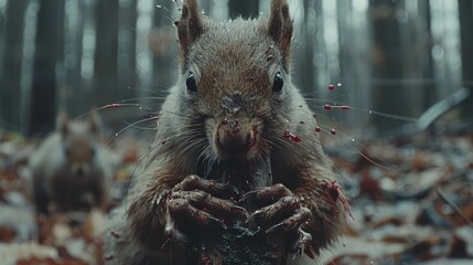 Fototapeta  a high-resolution photo of a bloodied squirrel sitting in front of a dense forest backdrop