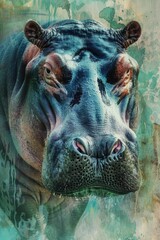 Aufkleber - A close-up image of a hippo with a grungy background, suitable for various design projects