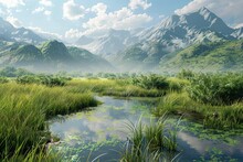 Landscape Of A Summer Day With A Pond Green Grass Bushes And Mountains On The Horizon 3D Illustration