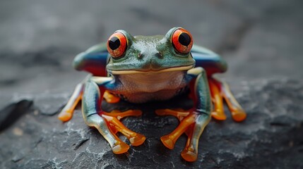  A picture of a close-up of a frog sitting on a rock with a red-eyed frog perched on its back legs