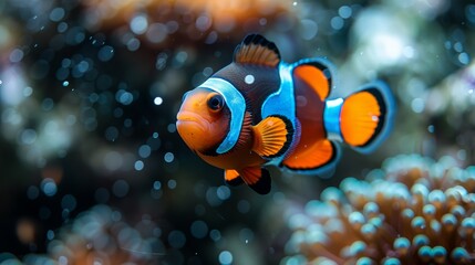  A close-up of two orange and blue clownfish swimming in an aquarium against a similar backdrop