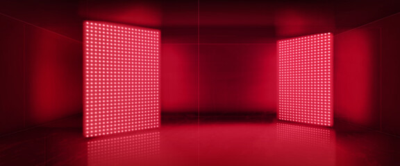 Wall Mural - 3d red led light panel in studio room background. Empty hall stage for virtual concert or luxury presentation. Futuristic club space for product display on television. Abstract board with reflection