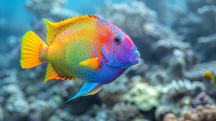  A close-up of a colorful fish on a coral, set against a backdrop of various corals and aquatic life