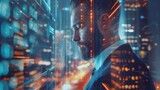 Fototapeta  - Side profile of a businessman with digital light effects representing futuristic tech.