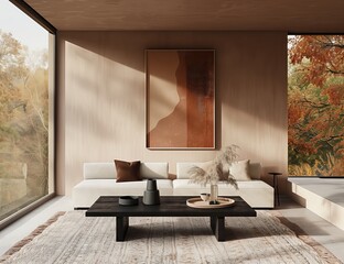 A modern living room in a building with large windows, wood flooring, and a cozy couch set up around a coffee table. Interior design at its finest