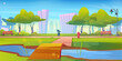 Green city park landscape with tree, building and bench background. Nature scene in summer town. Grass, trash, lake and walk path with bridge through river. Public cityscape design with skyscraper