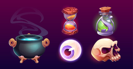 Aufkleber - Wizard and witch game ui icons. Cartoon vector set of fantasy sorcerer equipment and symbols - cauldron with hot potion and steam, glass flask with green liquid poison, eye ball and skull, hourglass.