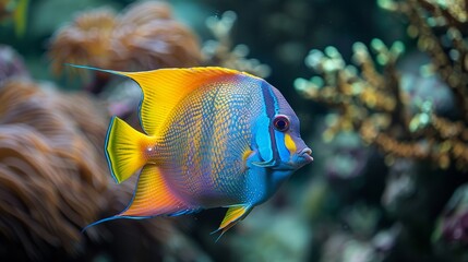 Wall Mural -  A sharp photo of a vibrant blue-yellow fish against a colorful coral backdrop, surrounded by seaweed