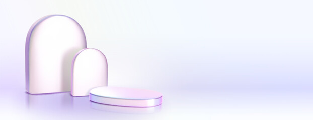 Poster - 3D holographic arch shape objects isolated on purple and white gradient background. Vector realistic illustration of abstract geometric podium for product presentation with iridescent glossy surface