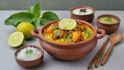 Wall Mural - Savor the Spice: Chicken Dhum Biryani with Fragrant Jeera Rice and Vibrant Spices, Presented in Earthenware, Accompanied by Cooling Raita and Zesty Lemon Pickle on a Sleek Grey Background