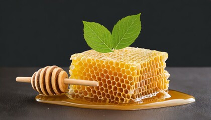 Wall Mural - Golden Harvest: Organic Honeycomb with Honey Dipper and Leaf, Straight from Nature's Bounty