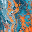 Abstract marbling artwork with orange and blue colors, displaying a liquid fluid marbled paper texture for wallpapers and banners.