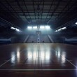 An abandoned basketball arena lit up by bright floodlights, emphasizing the eerie emptiness and silence of a once vibrant sports ground.