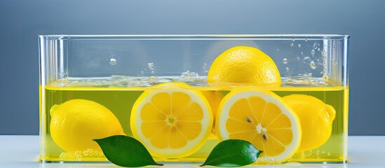 Wall Mural - Fresh yellow lemons floating in a clear glass of water placed on a vibrant blue table