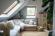 A cozy living room in a house with a couch, wooden flooring, and a skylight in the ceiling for natural light. The interior design includes plants as fixtures