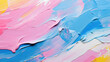 Closeup of multicolored pastel colours texture oil painting and palette knife on canvas. Abstract art blue, pink, green, orange background. Rough brushstrokes. Highly-textured, high quality details. 