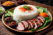 Cambodian cuisine, Lok Lak Platter, Bai Sach Chrouk roast pork served over rice, often accompanied by pickled vegetables and sauce
