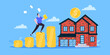 Mortgage saving money to buy a house flat style design business concept. Real estate property or mortgage loan investment. Businessman climbs money coin stack and home building vector illustration.