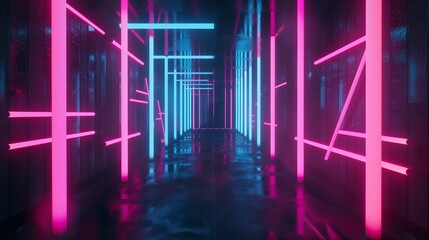Wall Mural - An atmospheric corridor illuminated with vibrant pink and blue neon lights, creating a futuristic and moody vibe.