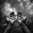 a serene scene depicting two praying hands stretched out to the sky to worship god with sunlight shining on them
