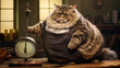 A large, fat, obese cat at a veterinarian's appointment in a clinic. Concept of care and concern for pets and obesity