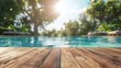 Smooth and shiny wooden deck by a serene pool, perfect for relaxation and leisure moments