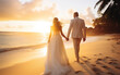 wedding on a tropical island, celebrating the nuptials on the beach bathed in beautiful light.