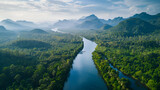 Fototapeta  - Beautiful tropical forest and rivers in thailand Beautiful natural scenery of river in southeast Asia tropical green forest  with mountains in background, aerial view drone shot, Generative Ai