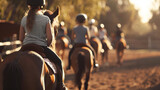 A line of equestrians on horseback enjoys a riding session in an outdoor arena, with the golden sunlight casting a warm glow