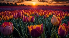 An Enchanting Field Of Tulips Dances Under A Golden Sun, Their Petals A Dizzying Kaleidoscope Of Hues And Shapes. This Striking Scene, Captured In A Stunning Photograph, Showcases The Vibrant Beauty 