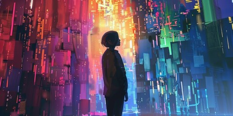 Wall Mural - A person stands in front of a colorful wall of buildings