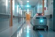 © Anastasiia S - A medical robot carries medications along a hospital corridor. Concept future of healthcare, robotic and medicine. Copy space for text.