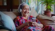 Melodic Serenity, Elderly Woman Finds Relaxation at Home, Lost in the Tunes of Music.