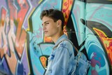 Fototapeta Desenie - teen with denim sling bag leaning against graffitied wall